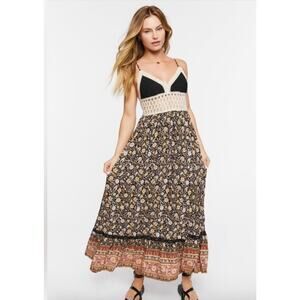 Forever 21 Crochet Floral Sundress L Black Babydoll Maxi Festival Hippie Gypsy